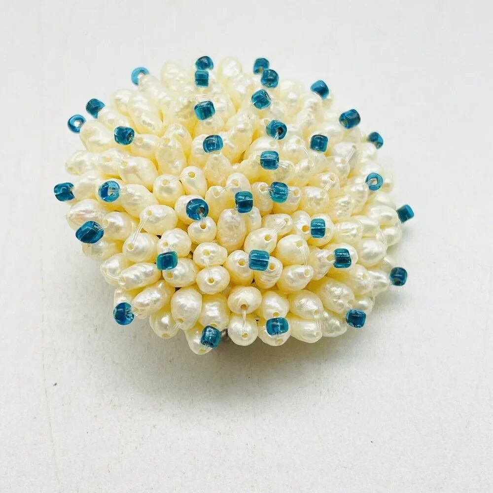 Freshwater Pearl Cluster Pin Teal Bead Accents Silver Tone Beach Coastal Islands - Picture 4 of 6